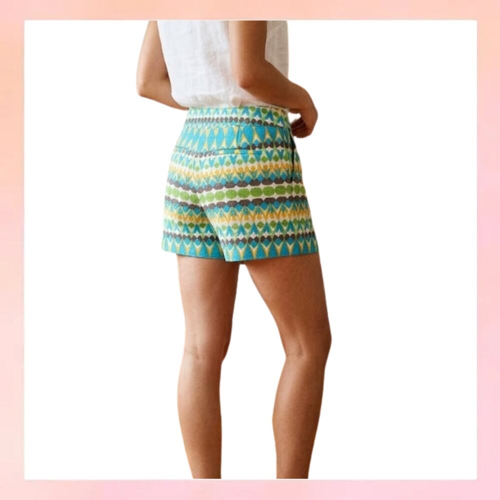 J. Crew Geometric Ikat Printed Shorts Blue Green Yellow Cotton Blend Size 6